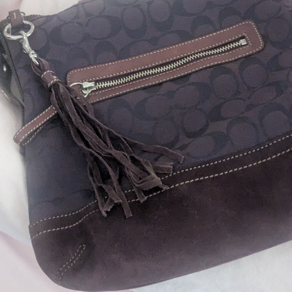 Coach Purple Signature Jacquard Crossbody Hobo Bag Suede Trim Front Zip Pocket - Picture 11 of 11